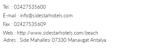 Side Star Beach Hotel telefon numaralar, faks, e-mail, posta adresi ve iletiim bilgileri